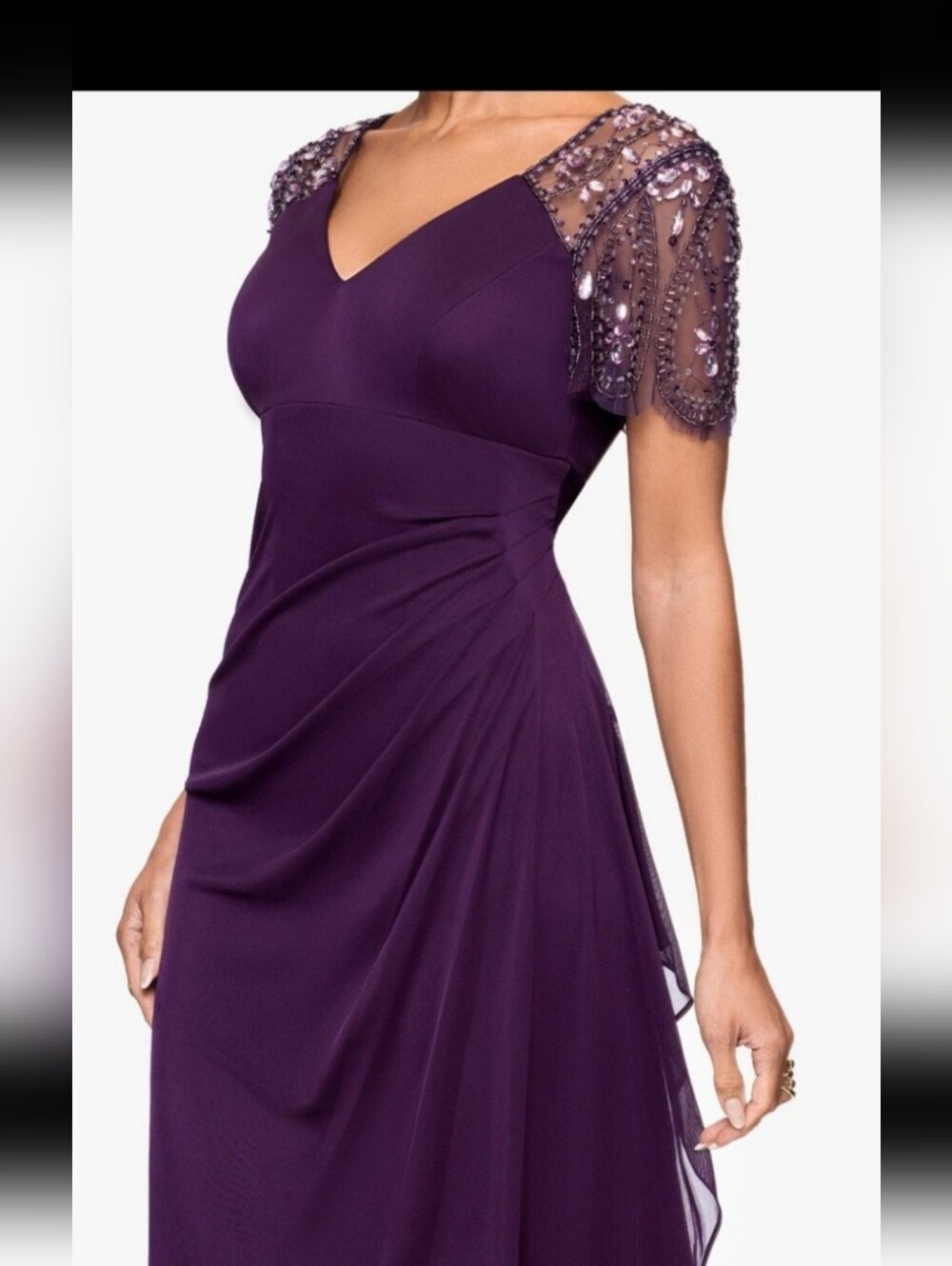 XSCAPE Petite "Lana" Long V-Neck Beaded Flutter Sleeve DressSz 14P